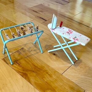 Miniature Dollhouse Ironing Set with Floral Ironing Board and Drying Rack Bundle